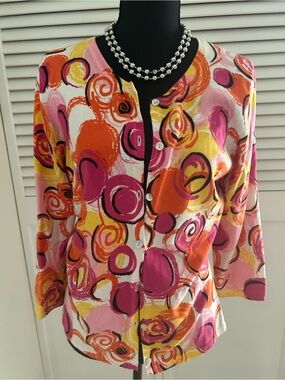 Essex Lane Abstract Swirl Button-Front Top in Pink, Orange & Yellow